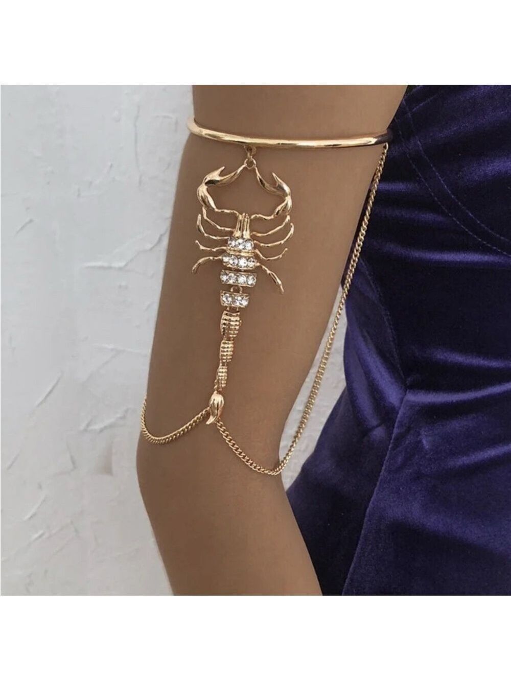 Gold Scorpion Upper Arm Cuff Bracelet Rhinestone Chain Accents